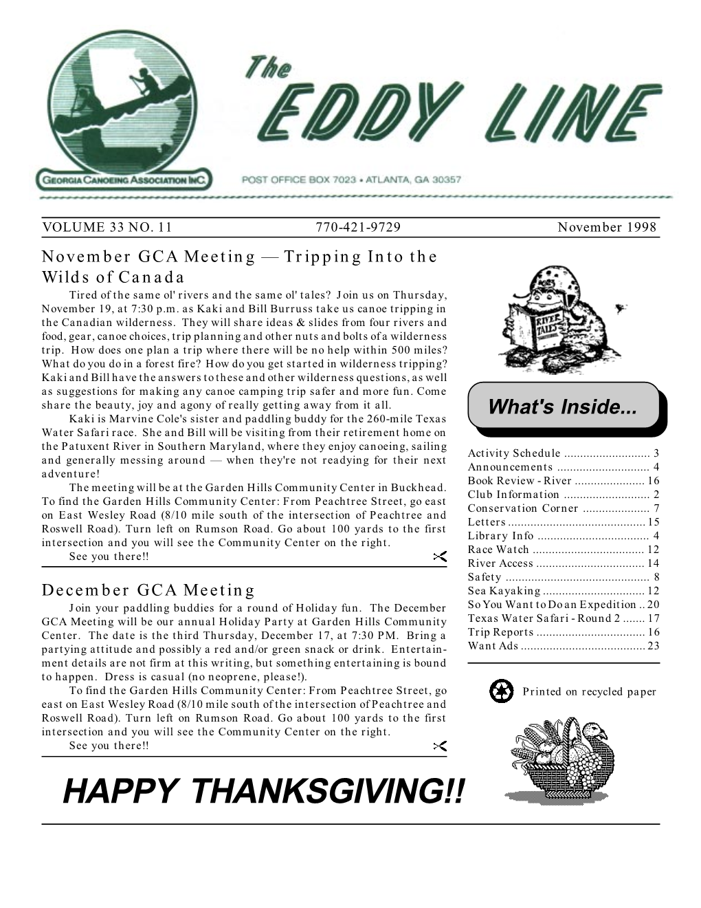 HAPPY THANKSGIVING!! Who Ya Gonna Call? the Following List Is Provided for If You Didn’T Receive Your Eddy Line - Call Ed Schultz Your Convenience: at 404-266-3734