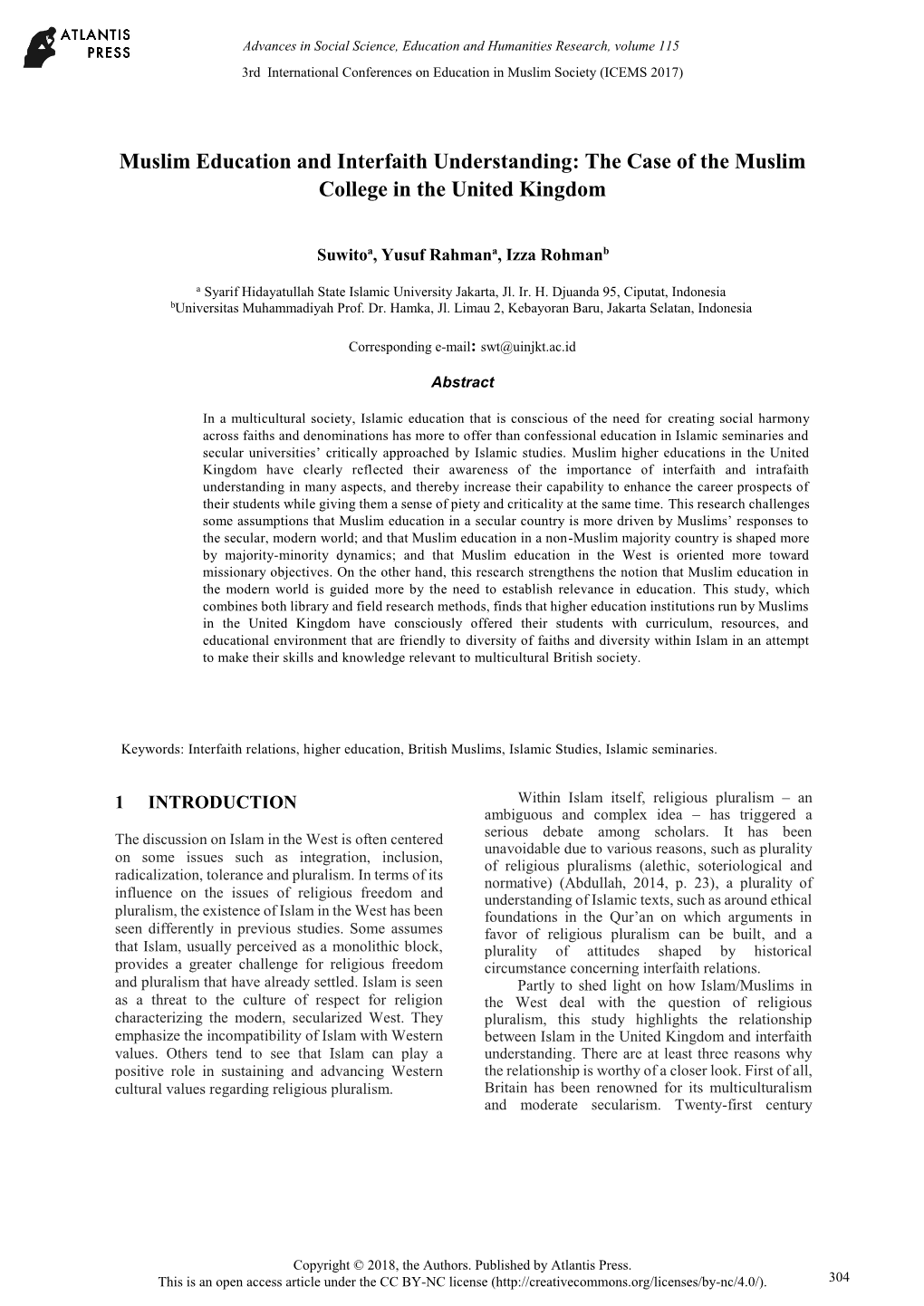 Muslim Education and Interfaith Understanding: the Case of the Muslim College in the United Kingdom