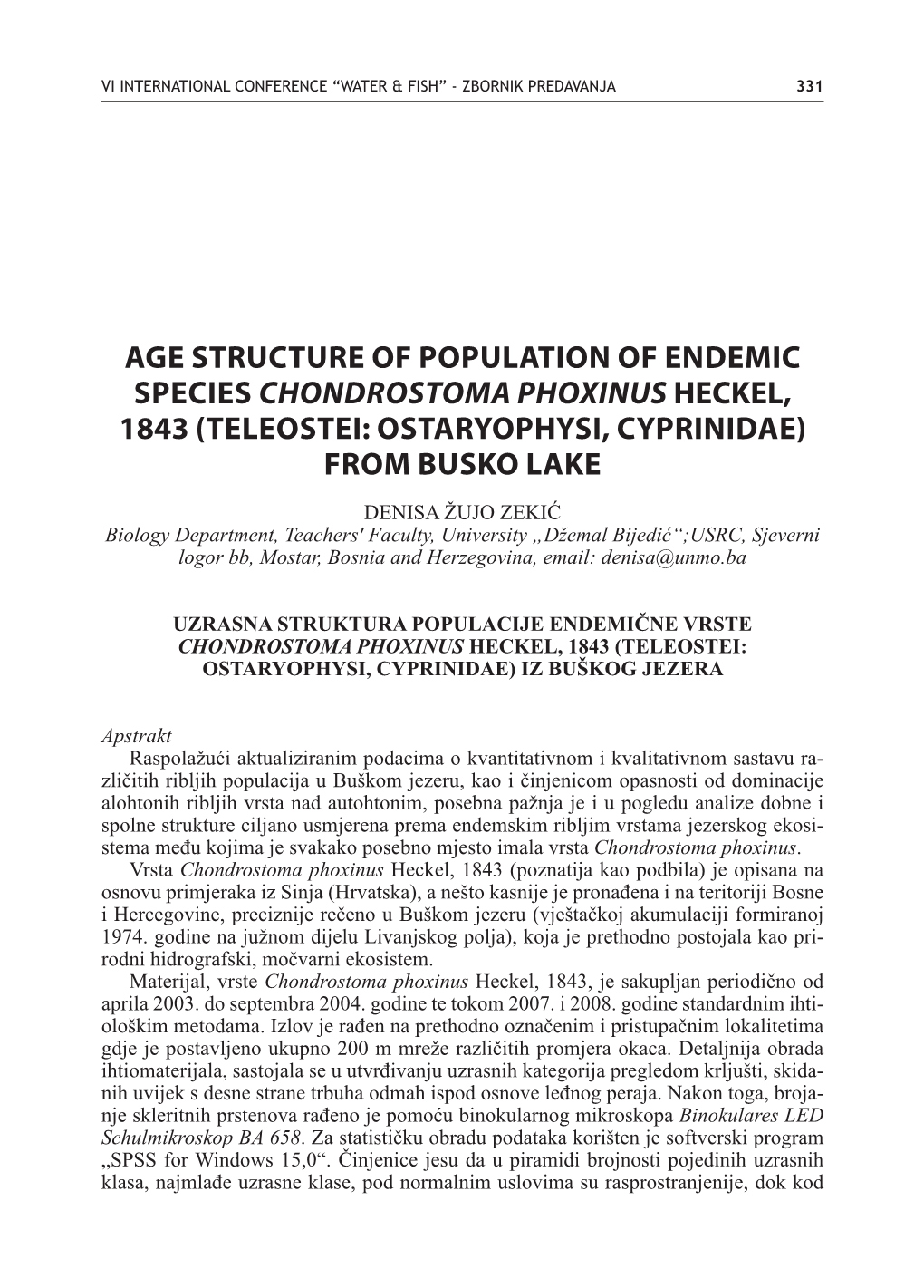 Age Structure of Population of Endemic Species Chondrostoma Phoxinus Heckel, 1843 (Teleostei: Ostaryophysi, Cyprinidae) from Busko Lake