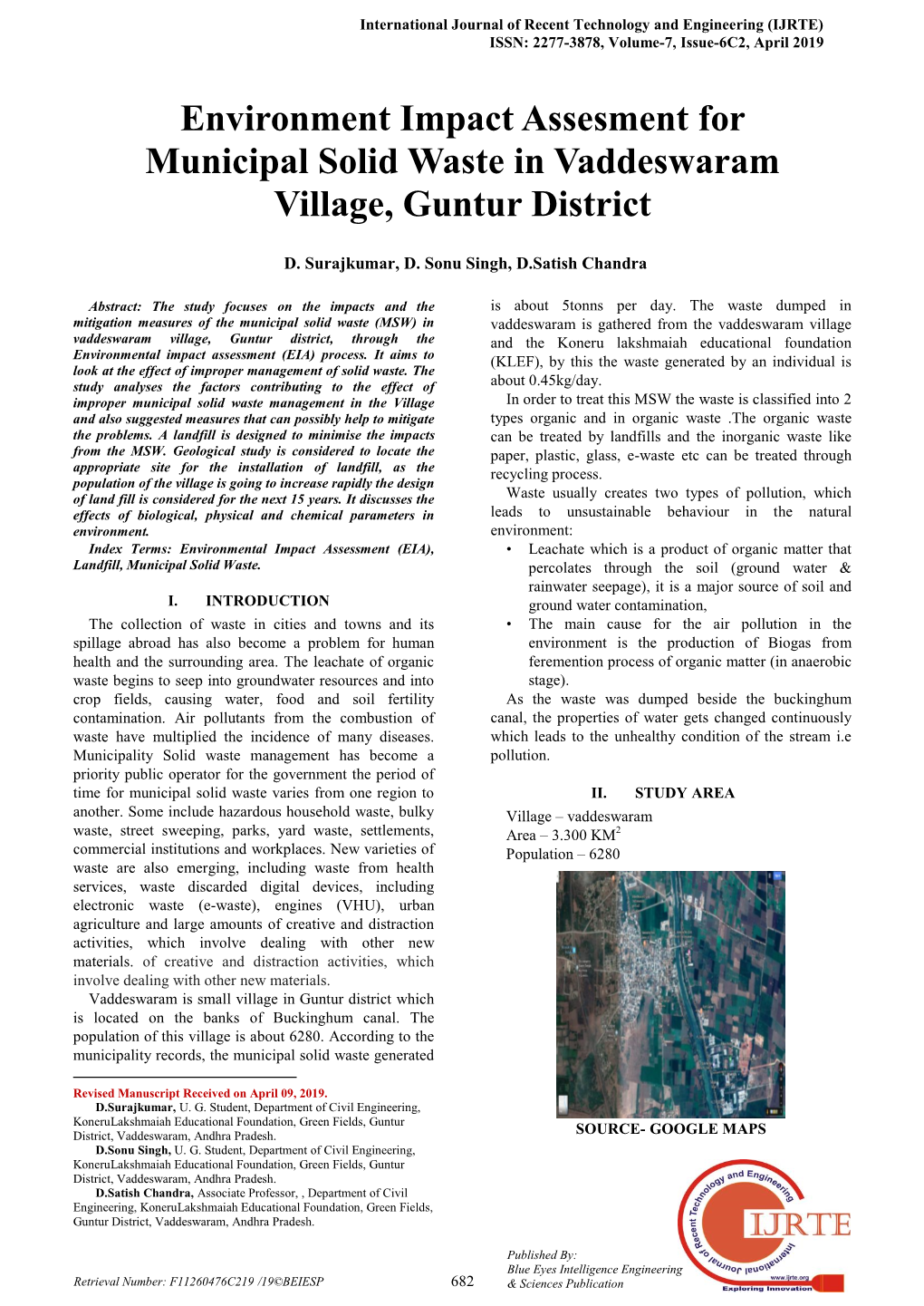 Environment Impact Assesment for Municipal Solid Waste in Vaddeswaram Village, Guntur District