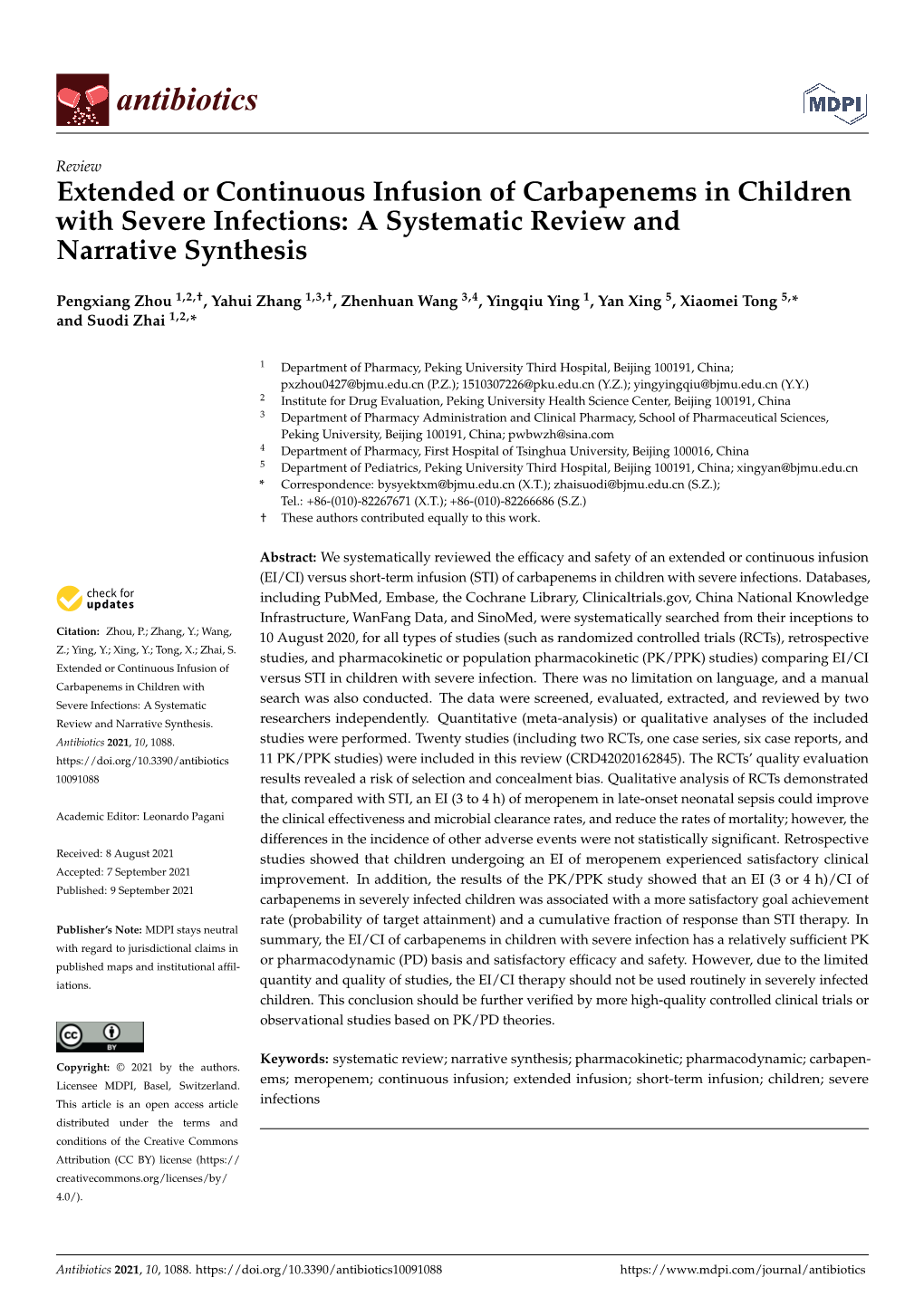 Extended Or Continuous Infusion of Carbapenems in Children with Severe Infections: a Systematic Review Andnarrative Synthesis