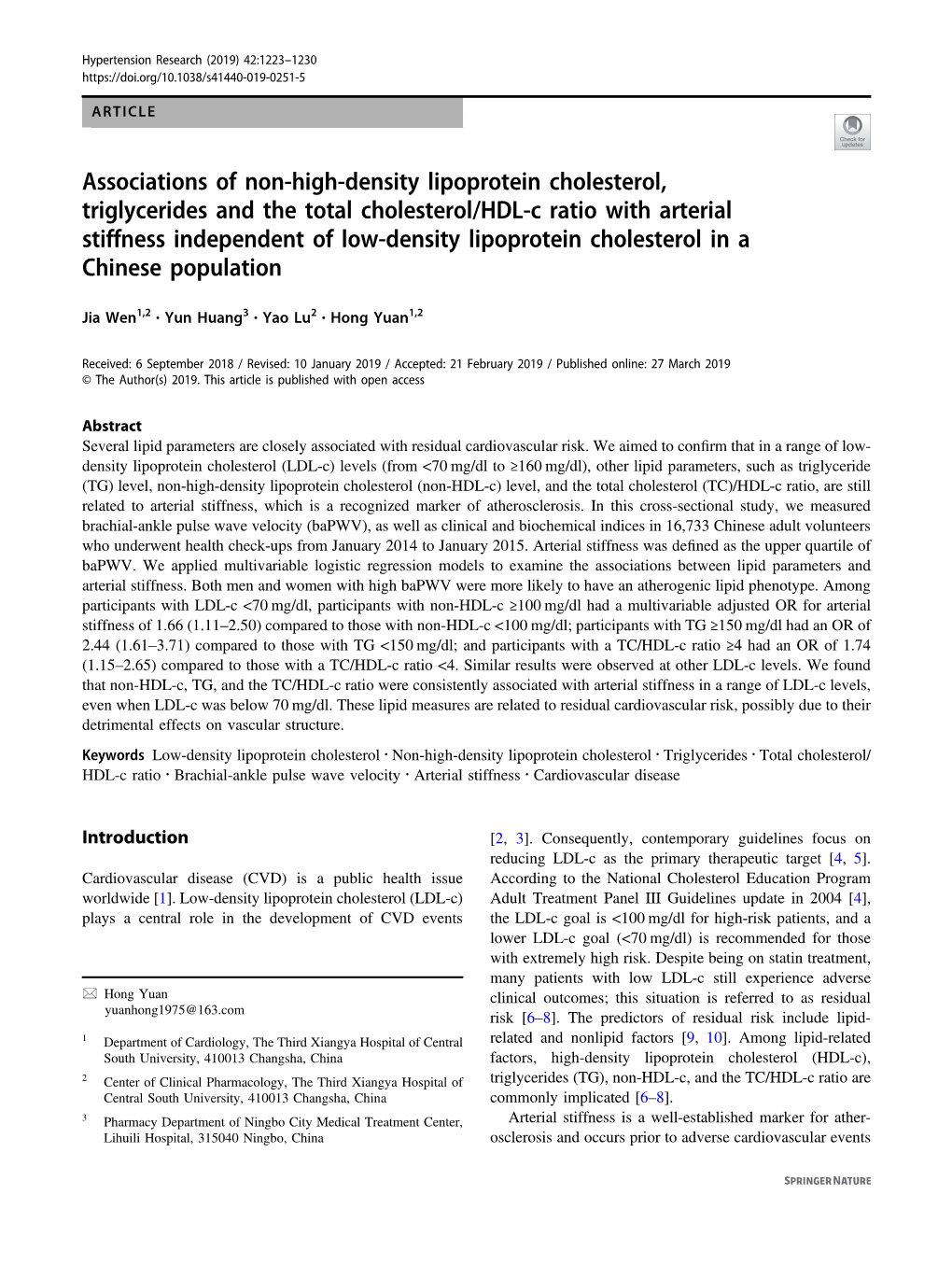 Associations of Non-High-Density Lipoprotein Cholesterol, Triglycerides