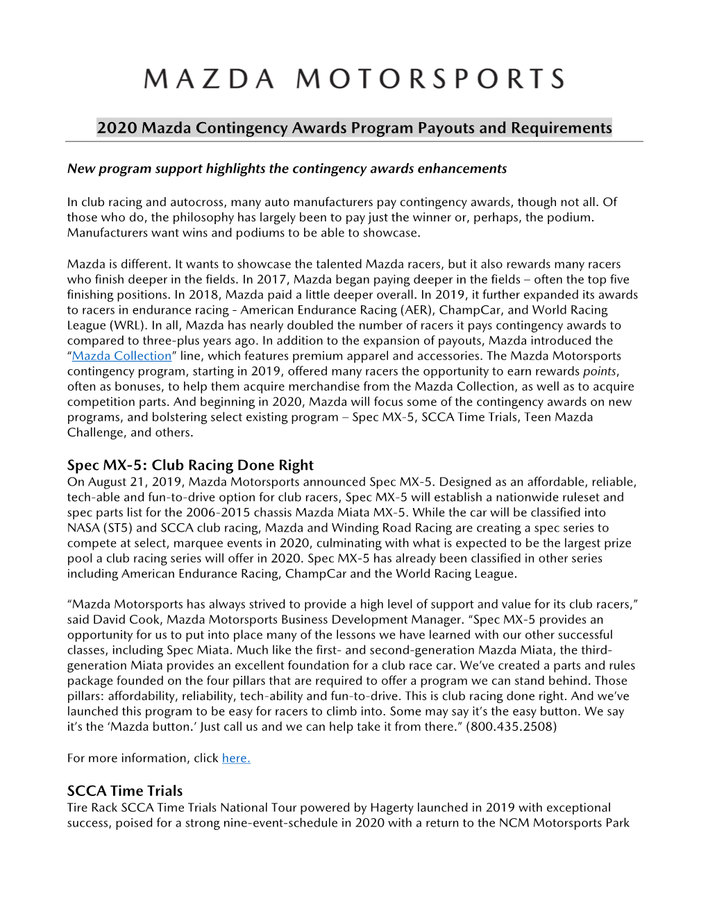 2020 Mazda Contingency Awards Program Payouts and Requirements