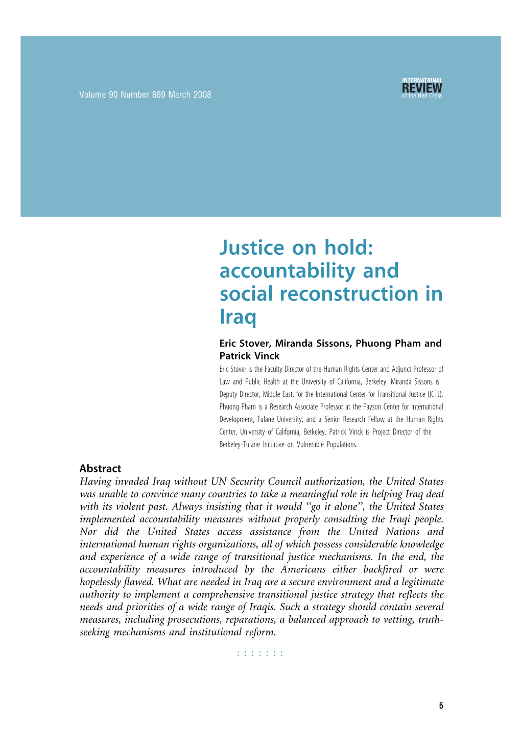 Justice on Hold: Accountability and Social Reconstruction in Iraq