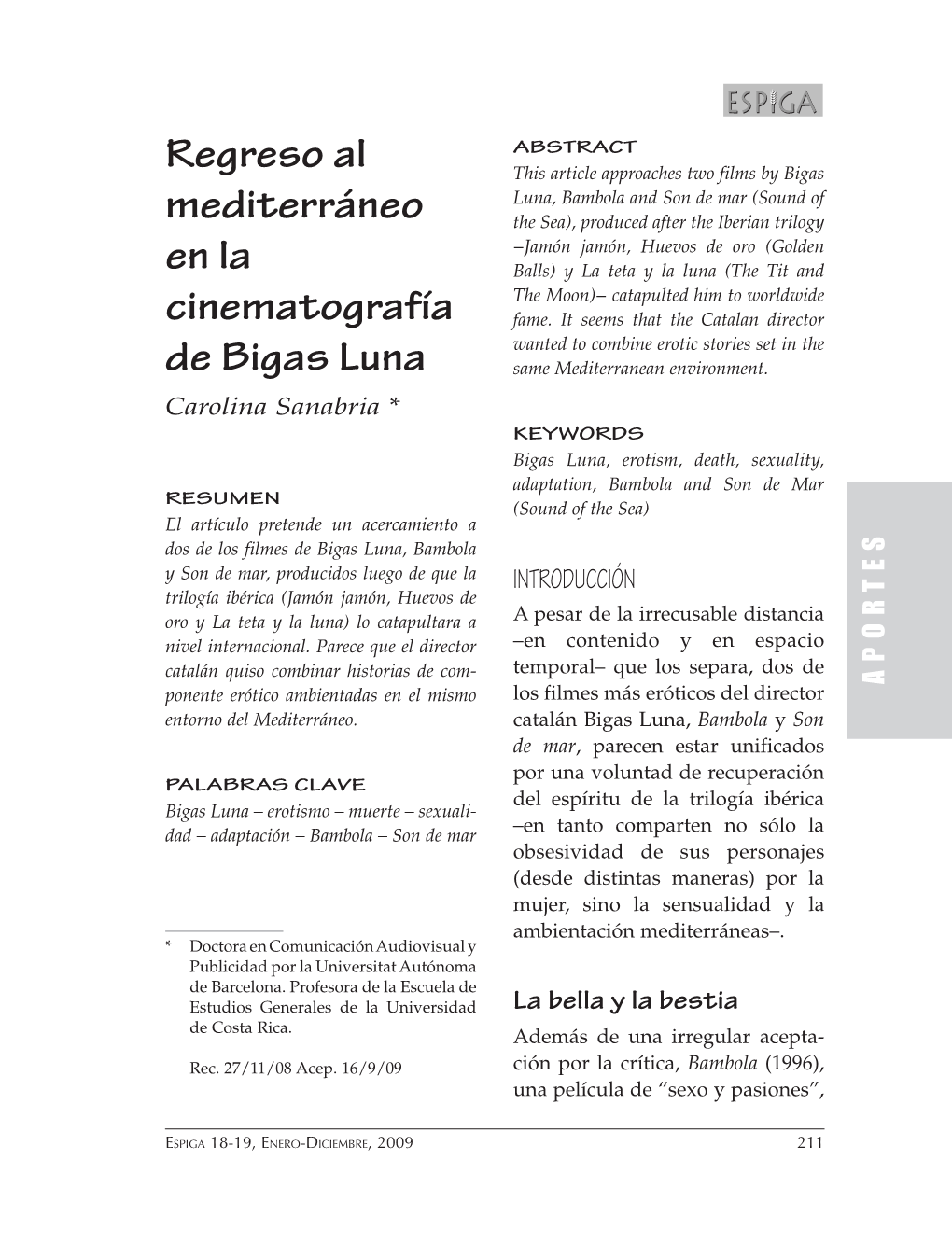 Regreso Al Mediterráneo En La Cinematografía De Bigas Luna