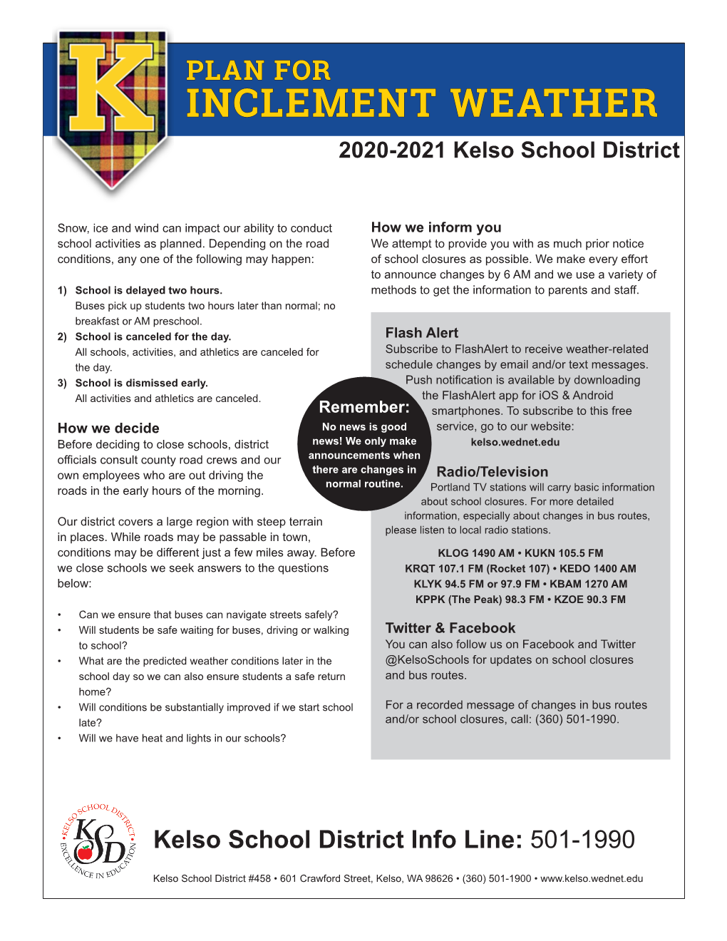 PLAN for INCLEMENT WEATHER 2020-2021 Kelso School District