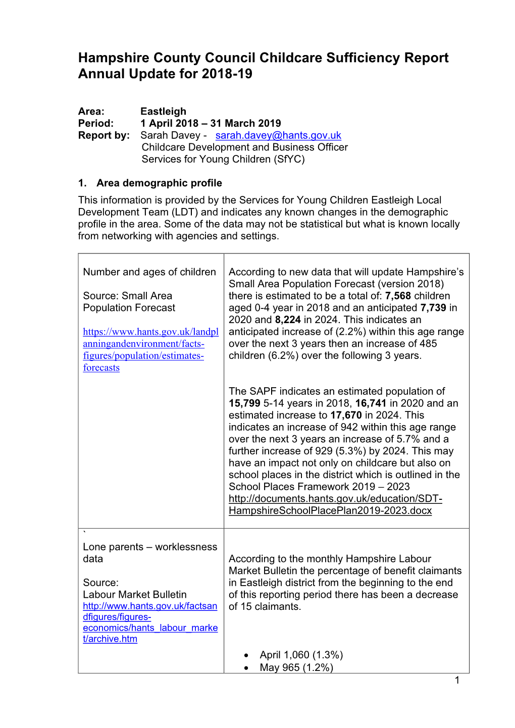 Hampshire County Council Childcare Sufficiency Report Annual Update for 2018-19