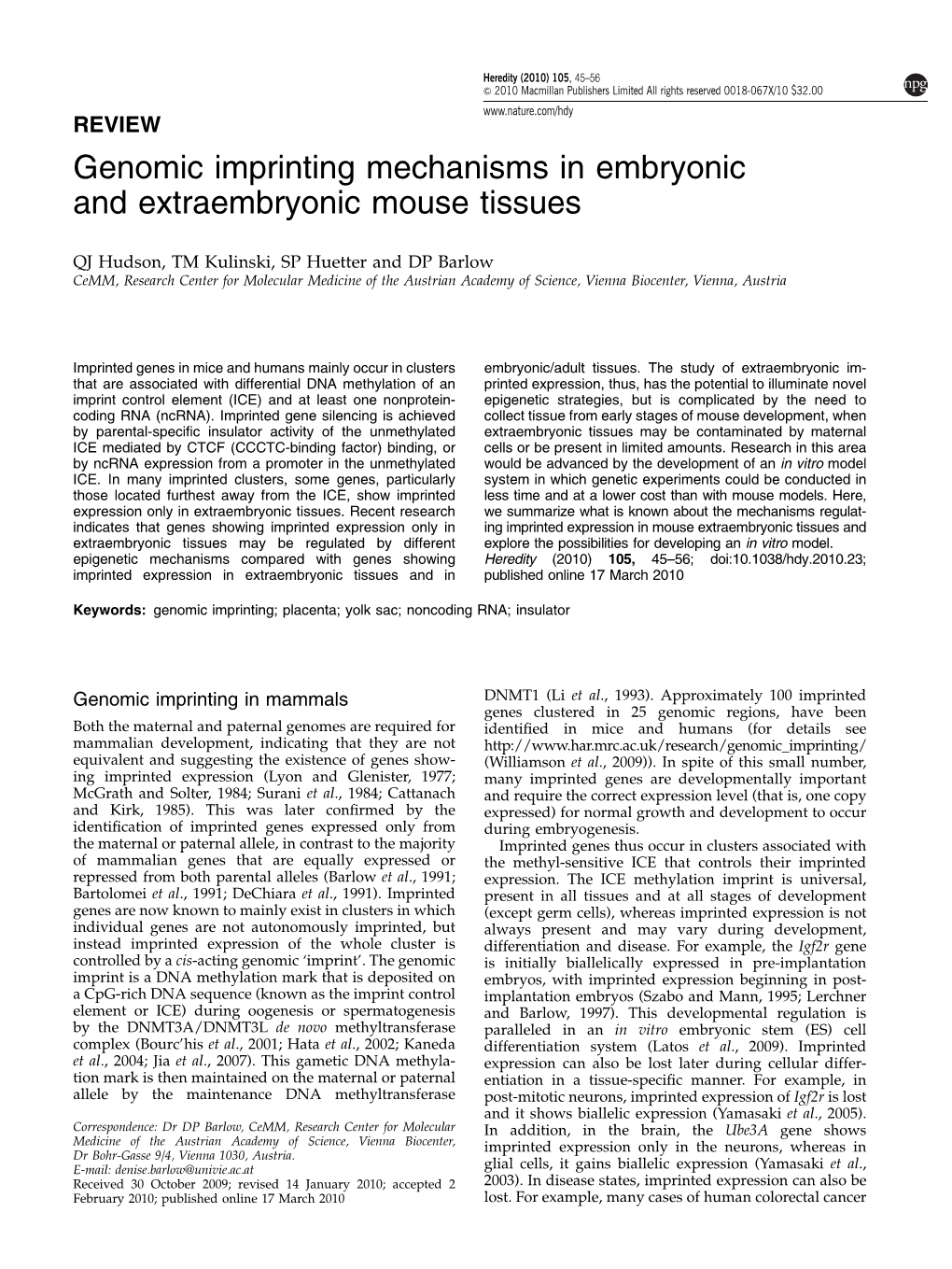 Genomic Imprinting Mechanisms in Embryonic and Extraembryonic Mouse Tissues