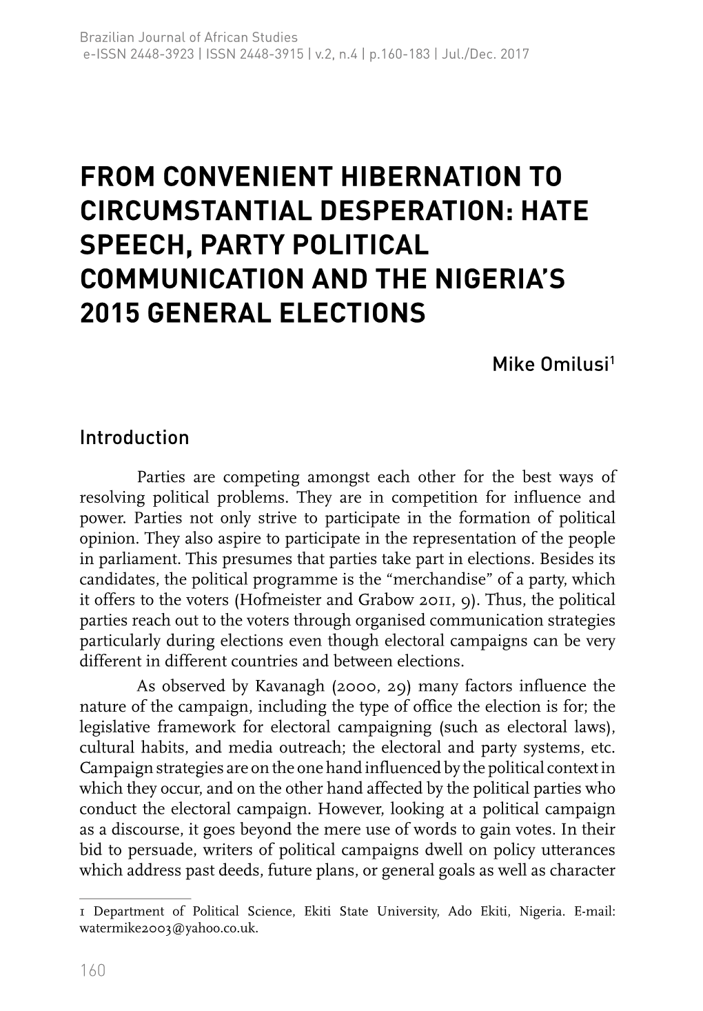 Hate Speech, Party Political Communication and the Nigeria’S 2015 General Elections