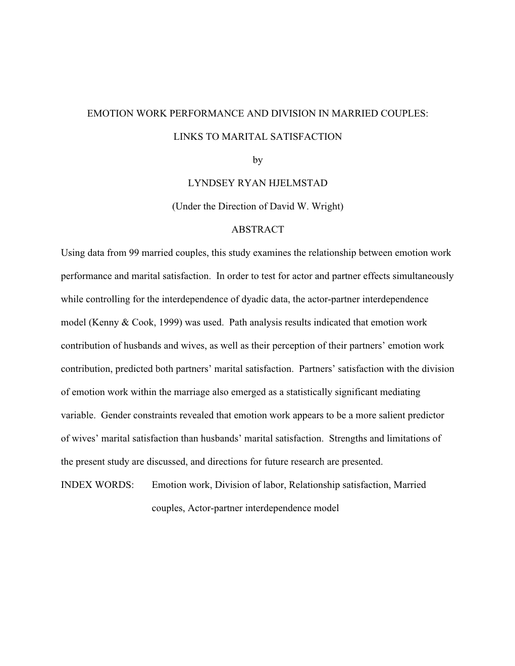 Emotion Work Performance and Division in Married Couples