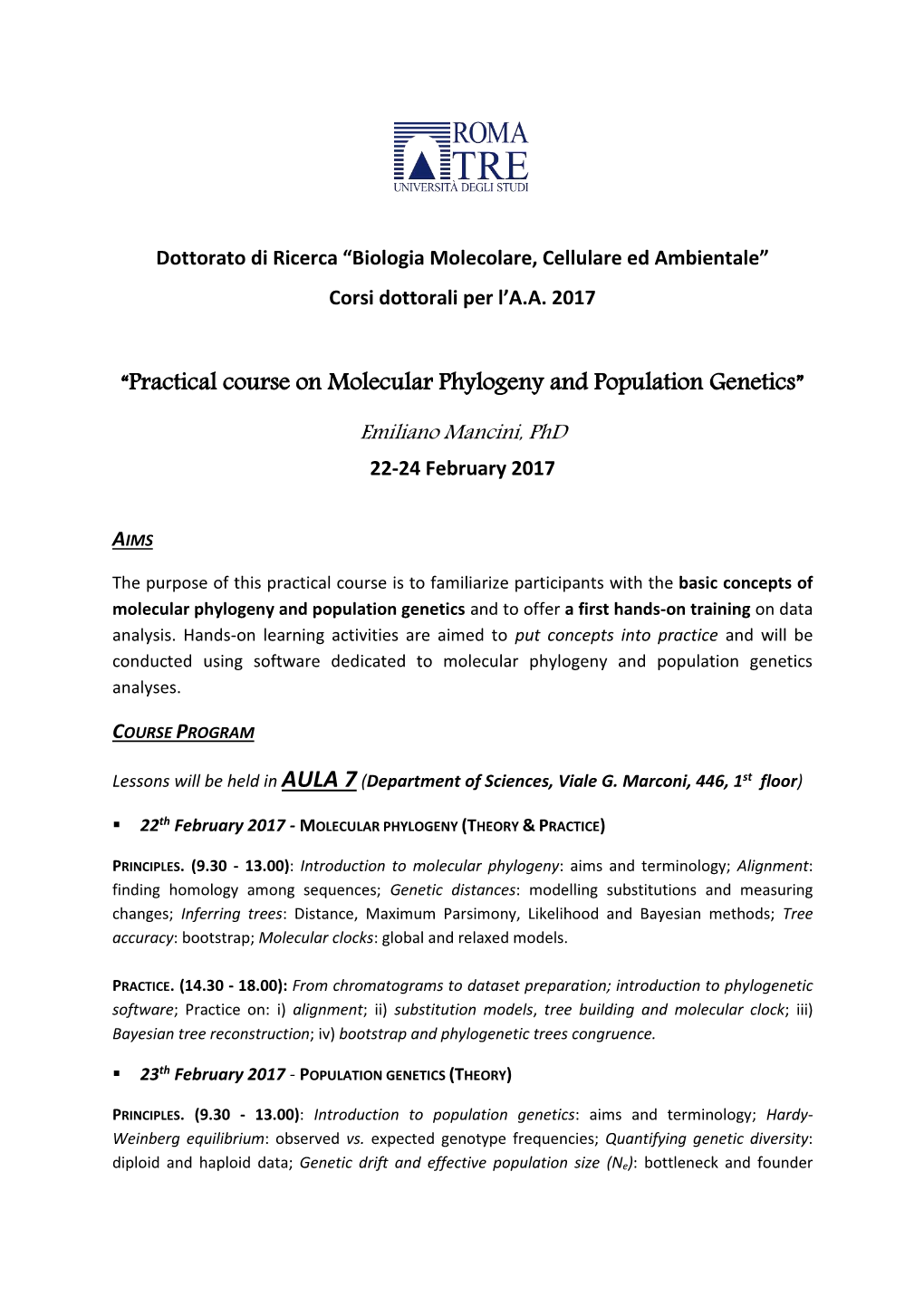 “Practical Course on Molecular Phylogeny and Population Genetics”