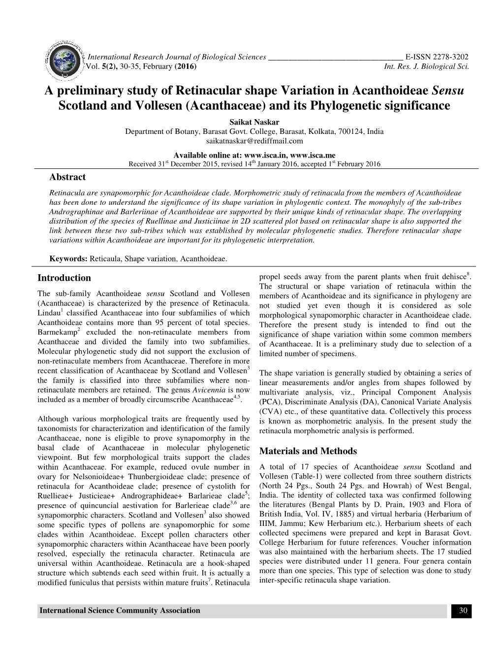 A Preliminary Study of Retinacular Sh Scotland and Vollesen (Acanthacea