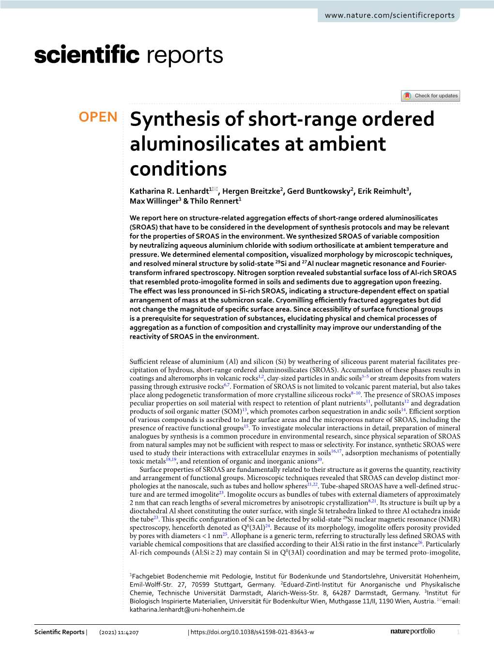 Synthesis of Short-Range Ordered Aluminosilicates at Ambient Conditions