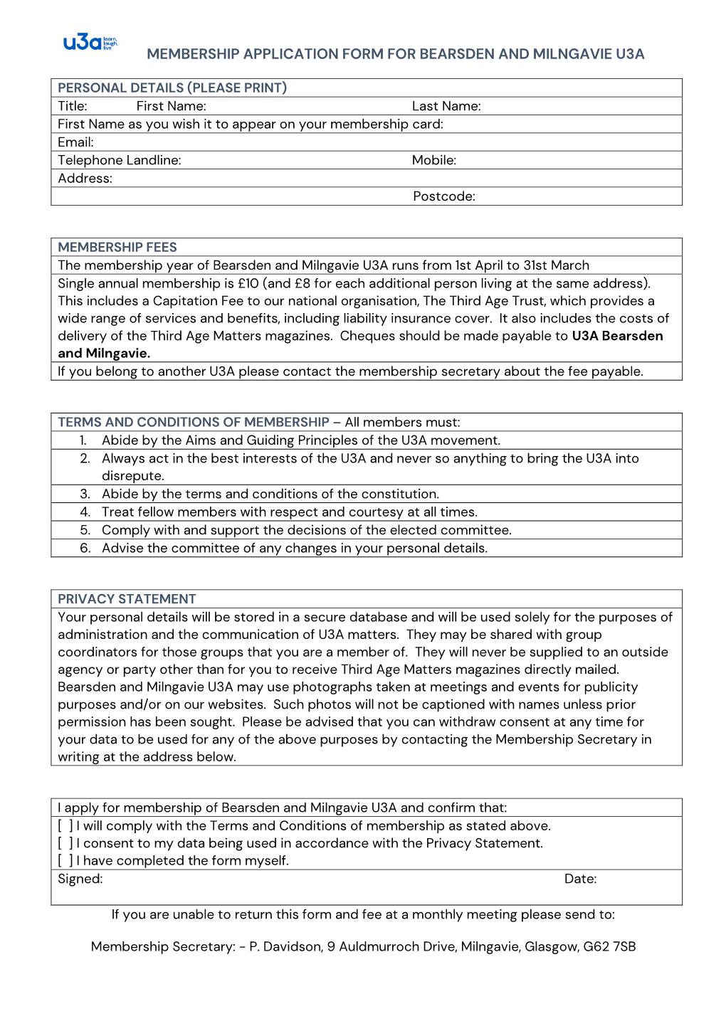 Membership Application Form for Bearsden and Milngavie U3a