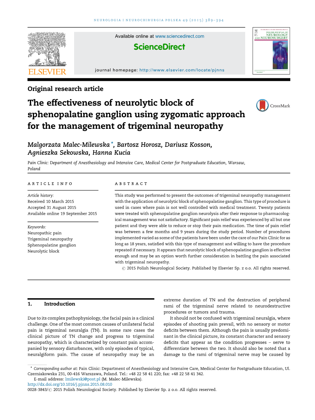 The Effectiveness of Neurolytic Block of Sphenopalatine Ganglion Using