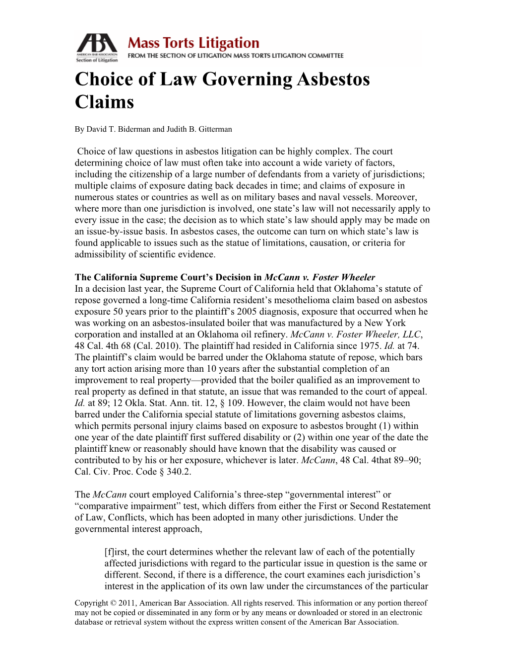 Choice of Law Governing Asbestos Claims