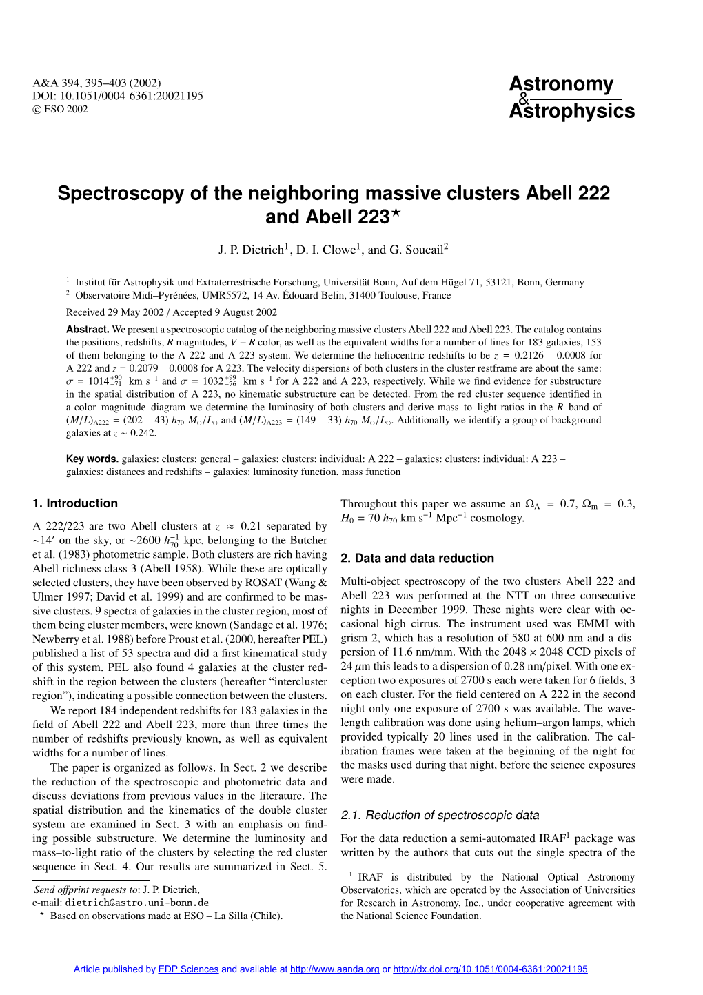 Spectroscopy of the Neighboring Massive Clusters Abell 222 and Abell 223