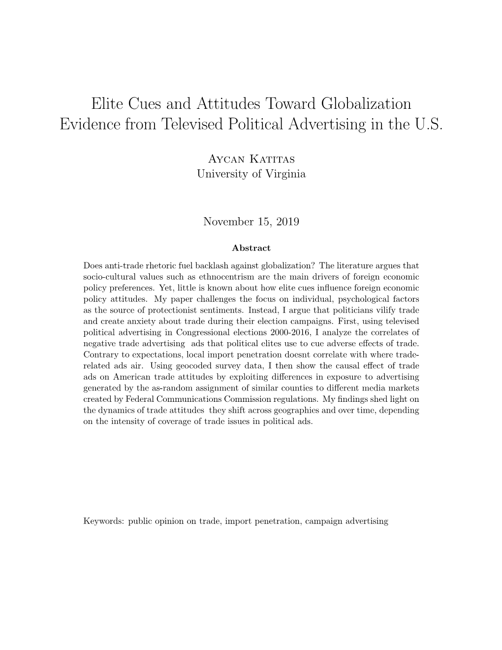 Elite Cues and Attitudes Toward Globalization Evidence from Televised Political Advertising in the U.S