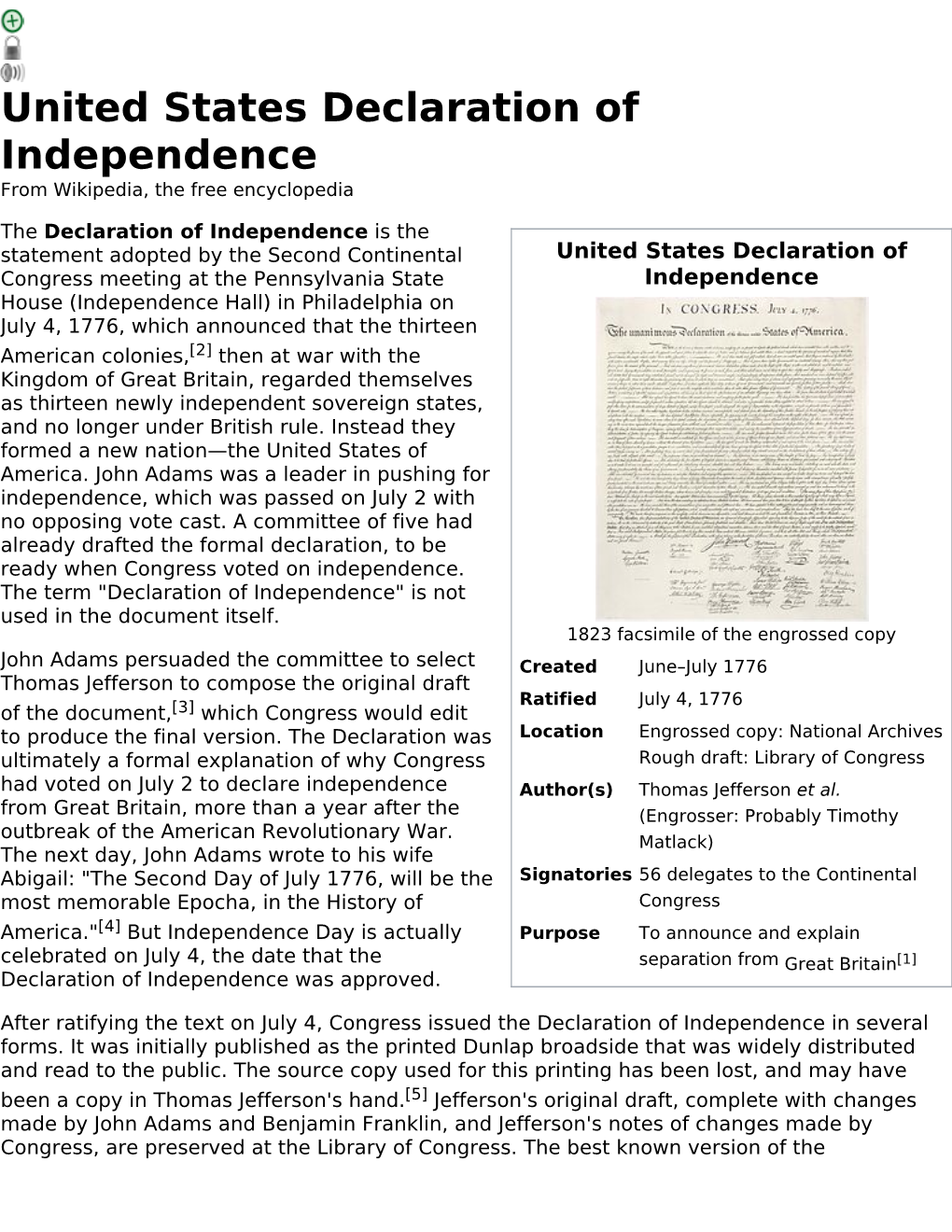 United States Declaration of Independence from Wikipedia, the Free Encyclopedia