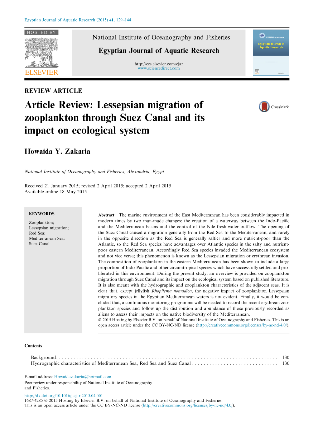 Lessepsian Migration of Zooplankton Through Suez Canal and Its Impact on Ecological System