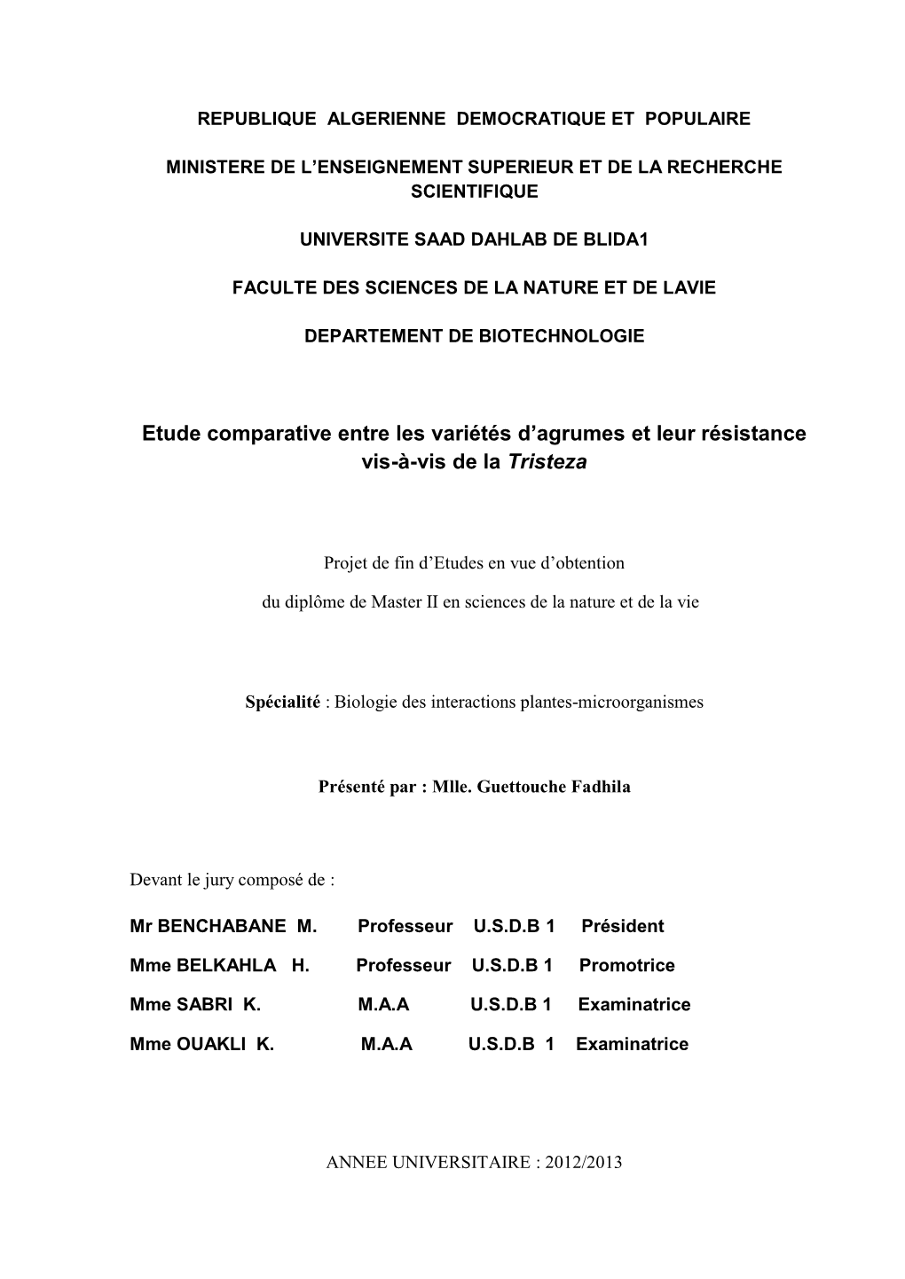 Etude Comparative Entre Les Variétés D'agrumes Et Leur Résistance Vis-À-Vis