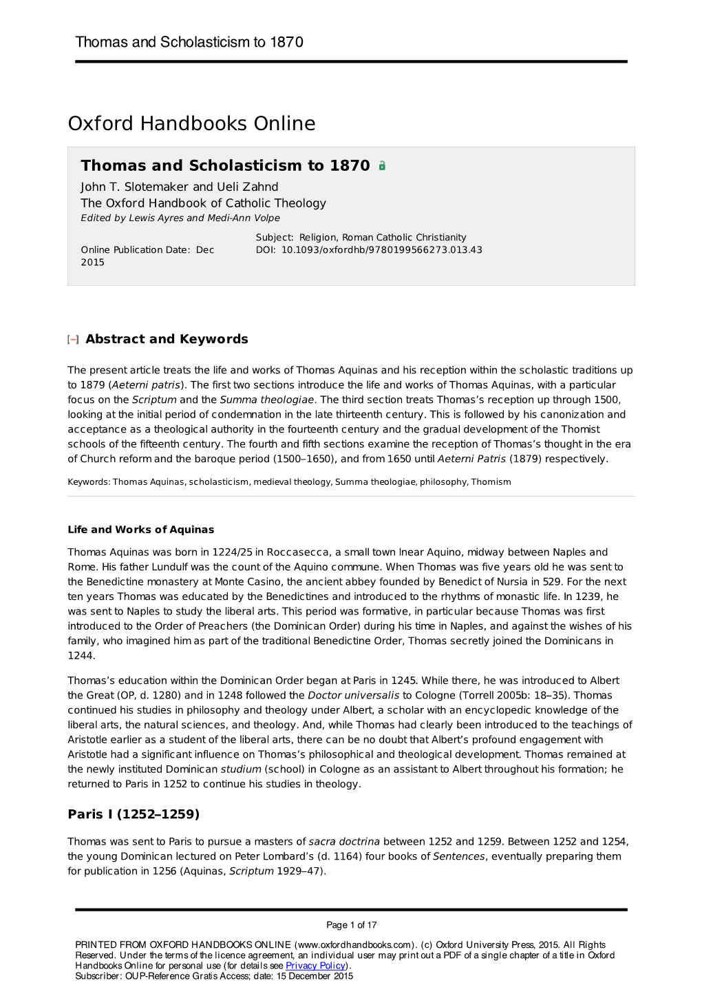 Thomas and Scholasticism to 1870