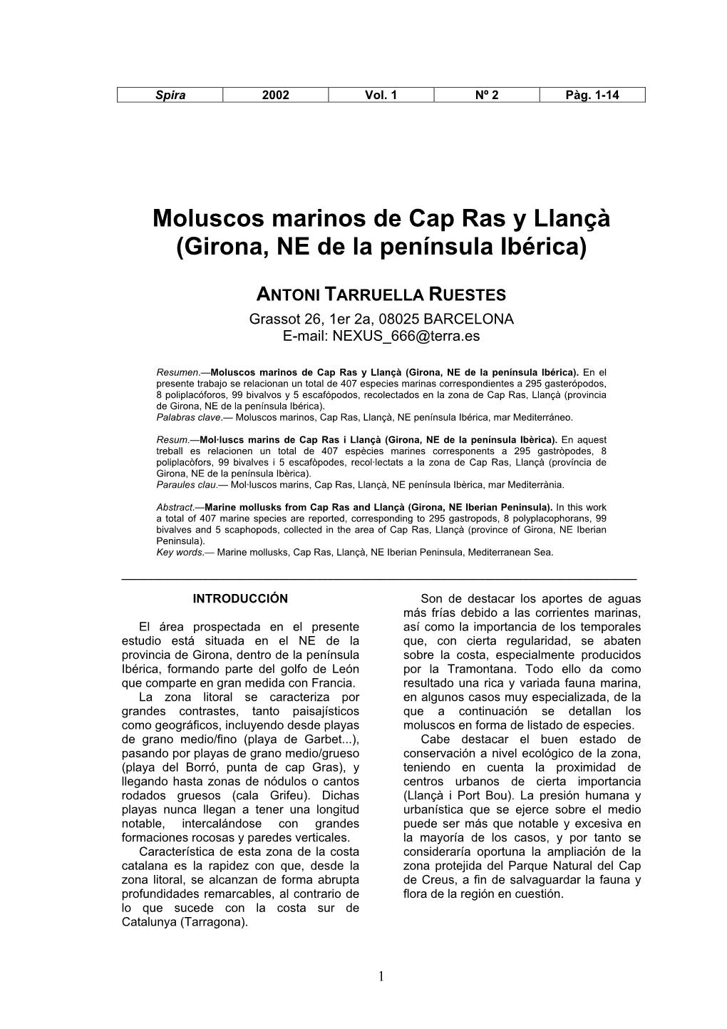 Moluscos Marinos De Cap Ras Y Llançà (Girona, NE De La Península Ibérica)
