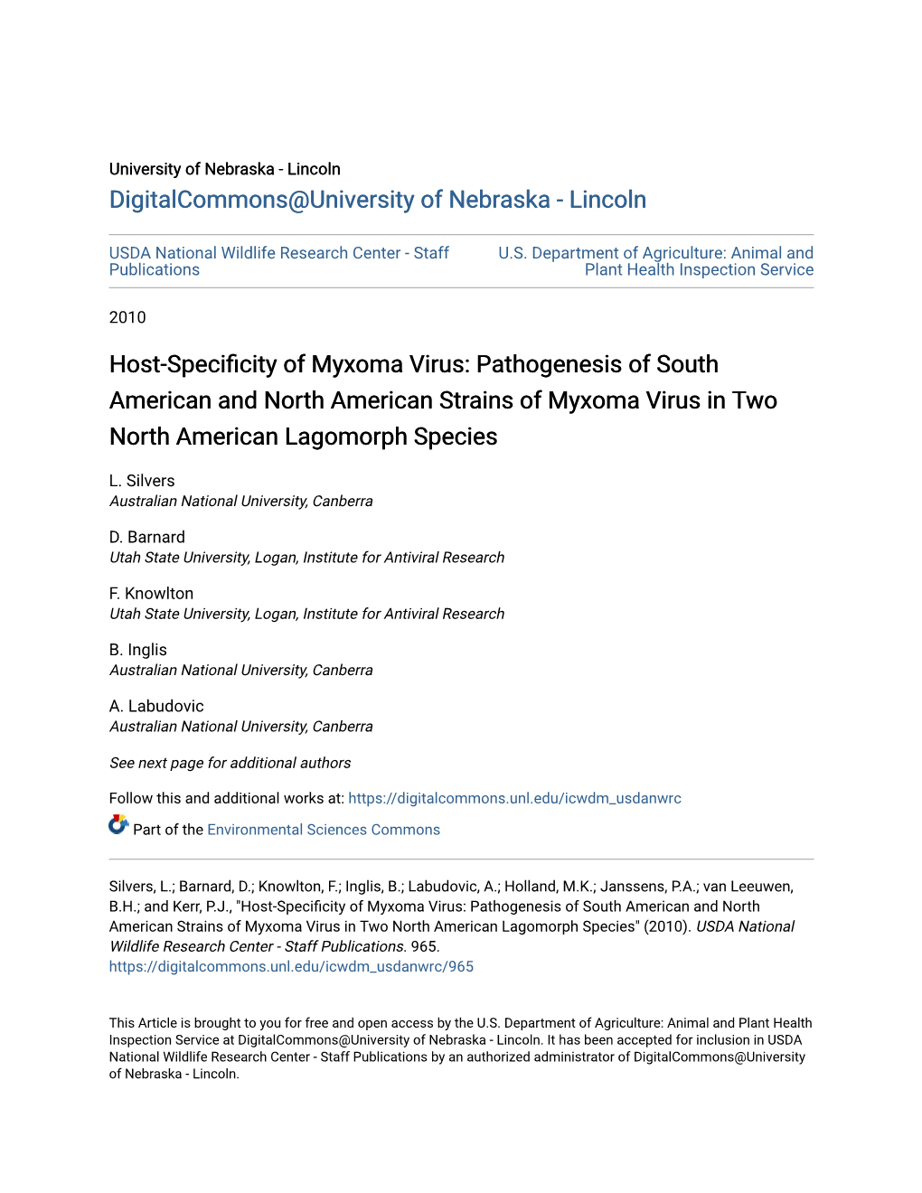 Host-Specificity of Myxoma Virus: Pathogenesis of South American and North American Strains of Myxoma Virus in Two North American Lagomorph Species