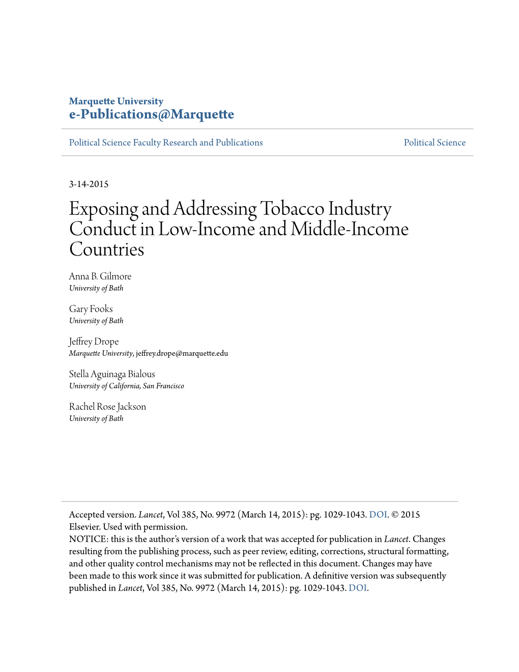 Exposing and Addressing Tobacco Industry Conduct in Low-Income and Middle-Income Countries Anna B