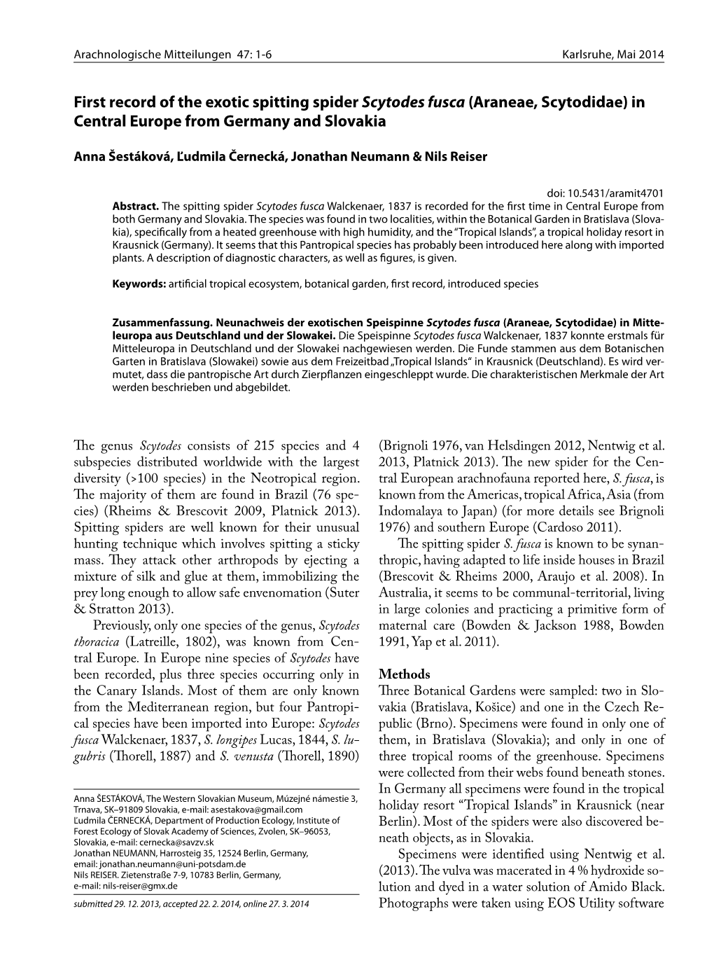 First Record of the Exotic Spitting Spider Scytodes Fusca (Araneae, Scytodidae) in Central Europe from Germany and Slovakia