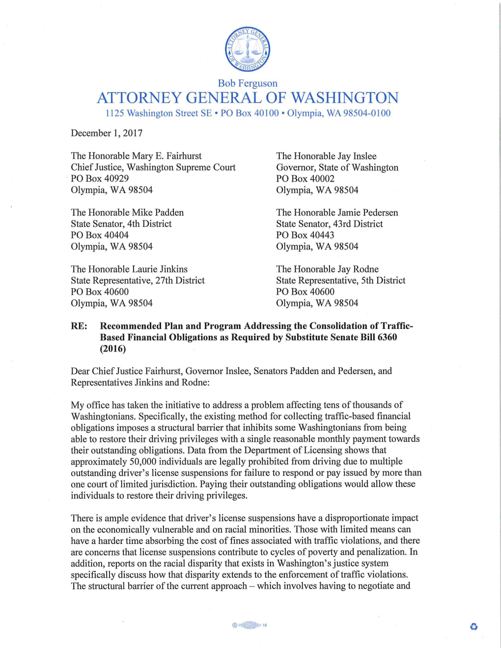 ATTORNEY GENERAL of WASHINGTON 1125 Washington Street SE • PO Box 40100 • Olympia, WA 98504-0100