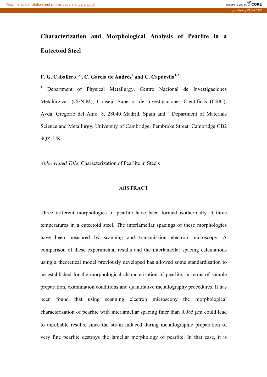 Characterization and Morphological Analysis of Pearlite in an Eutectoid Steel