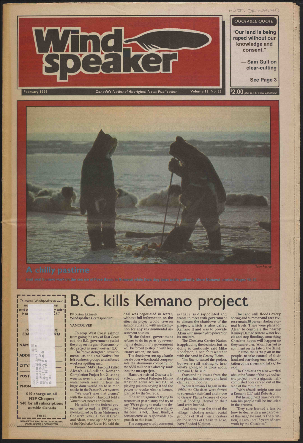 B.C. Kills Kemano Project Send Yc 1! Order in the ;.S.T