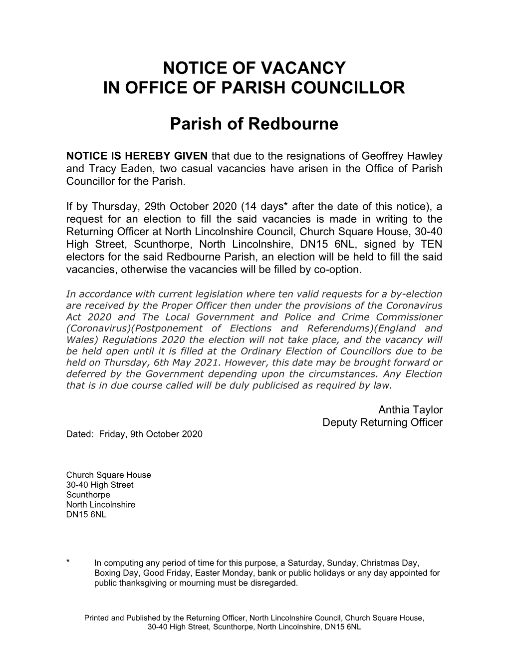 Notice of Vacancy in Office of Parish Councillor