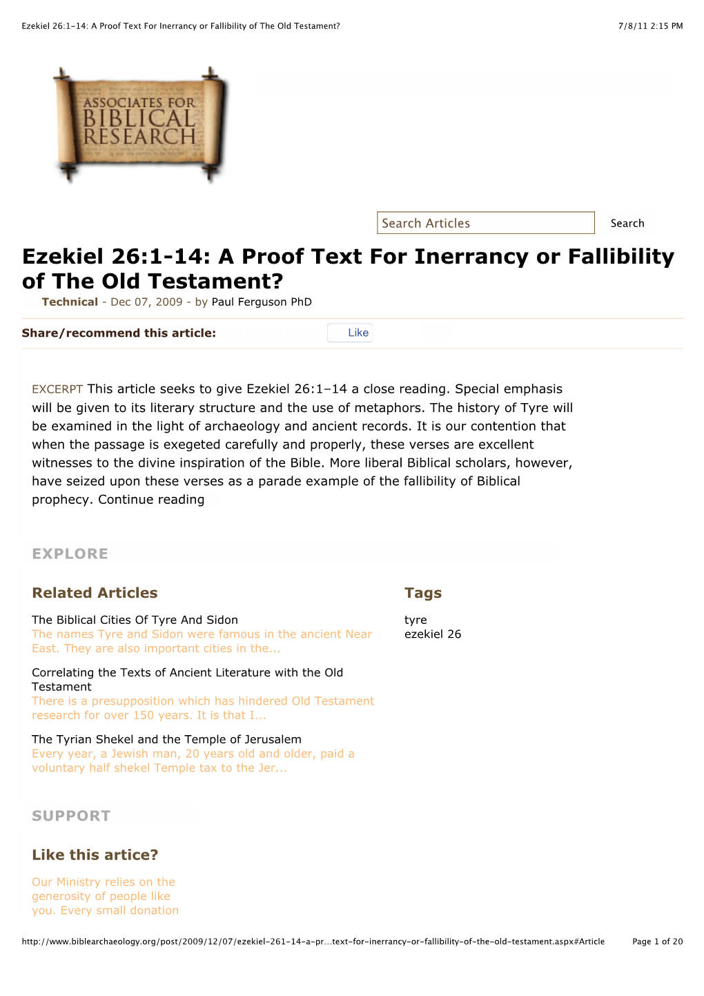 Ezekiel 26:1-14: a Proof Text for Inerrancy Or Fallibility of the Old Testament? 7/8/11 2:15 PM