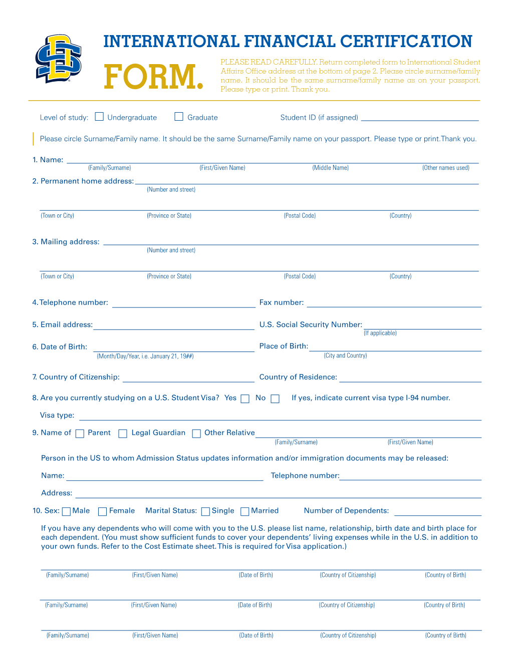 International Financial Certification Form