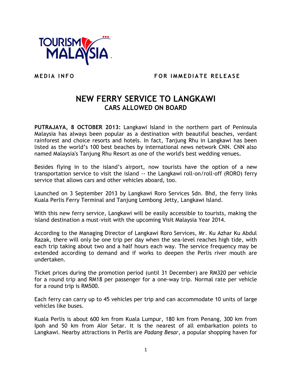 New Ferry Service to Langkawi Cars Allowed on Board