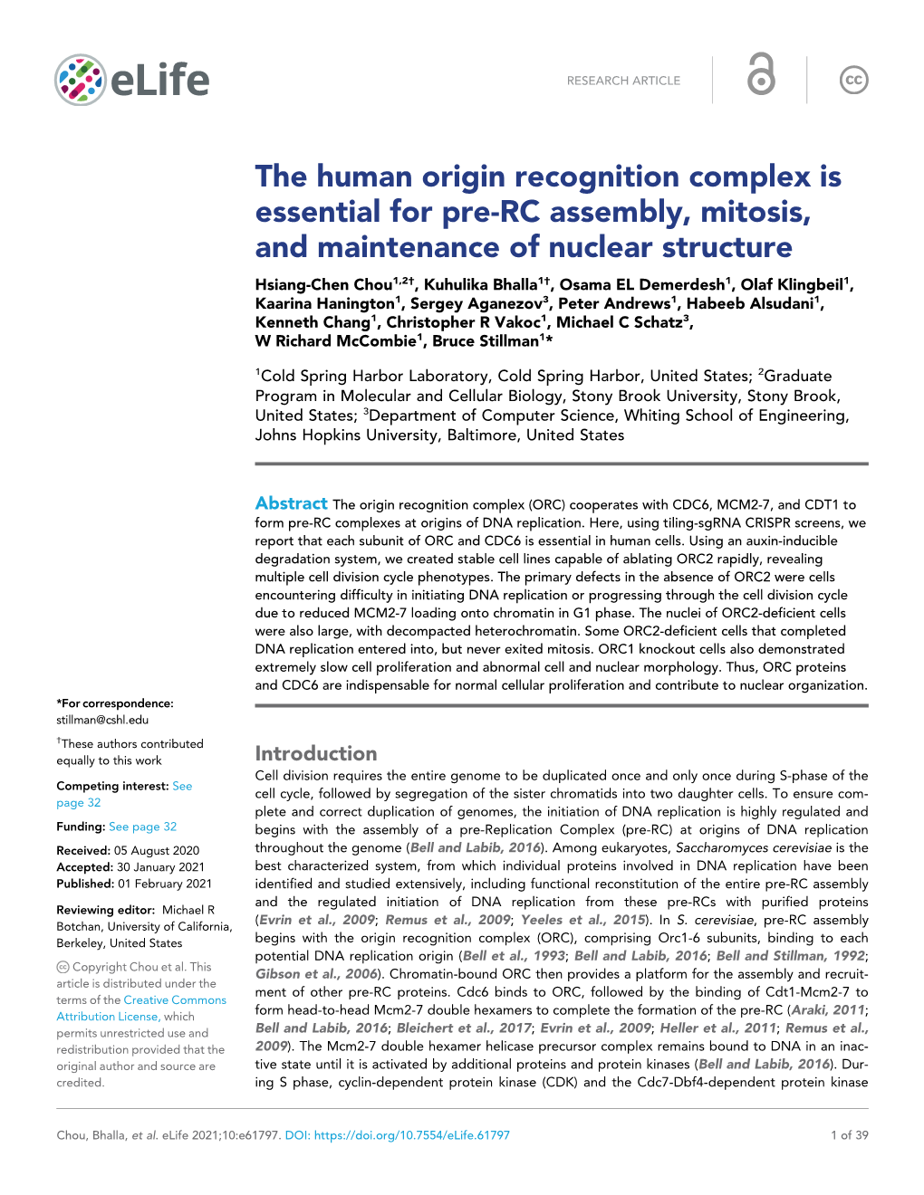 The Human Origin Recognition Complex Is Essential for Pre-RC Assembly