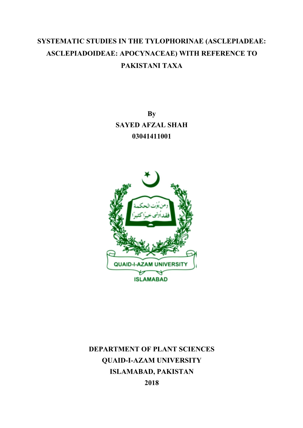 Systematic Studies in the Tylophorinae (Asclepiadeae: Asclepiadoideae: Apocynaceae) with Reference to Pakistani Taxa