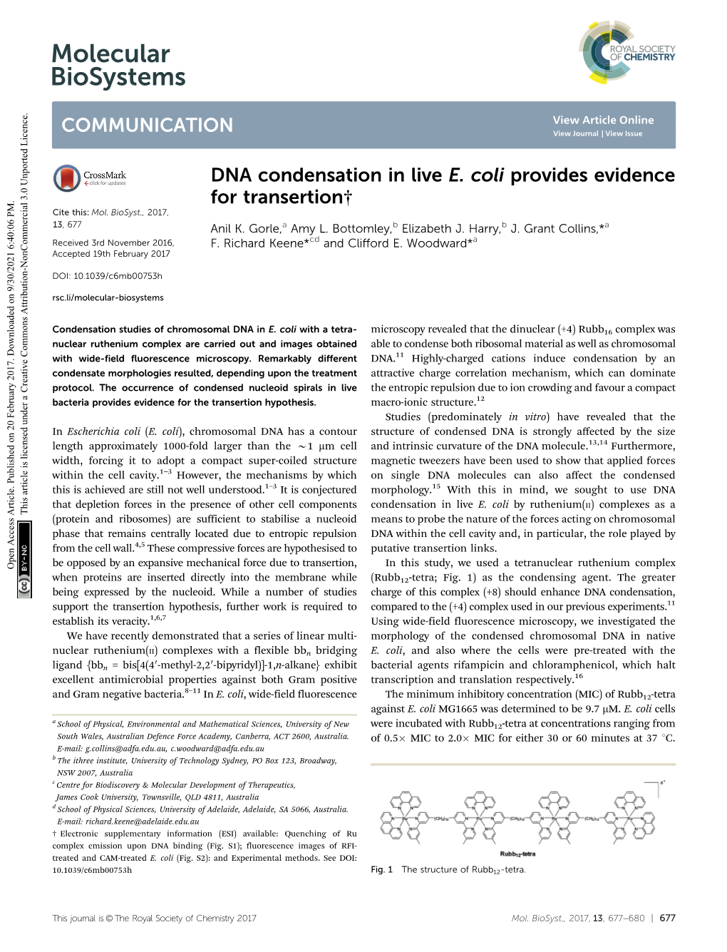 DNA Condensation in Live E. Coli Provides Evidence for Transertion† Cite This: Mol