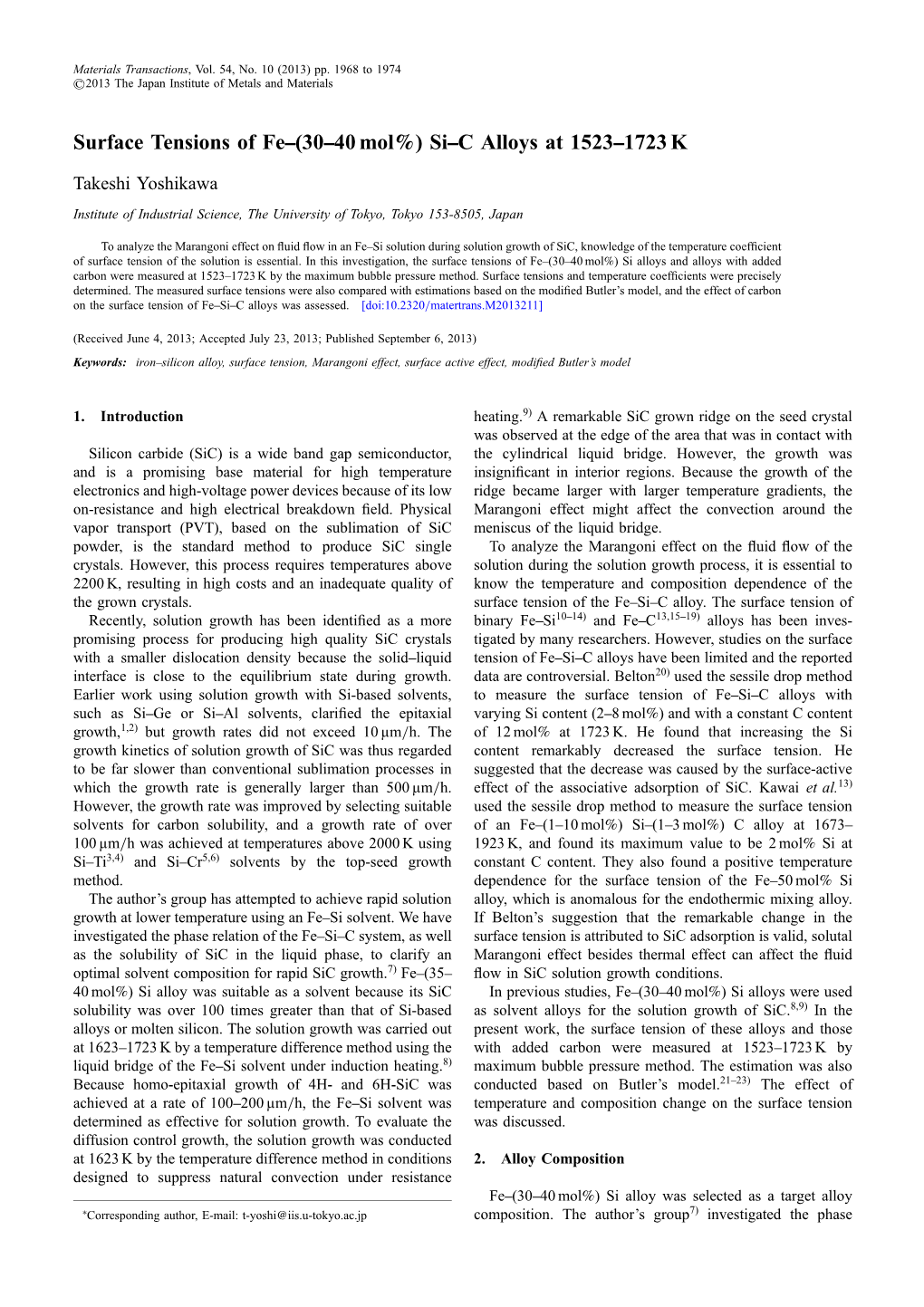 Surface Tensions of Fe–(30–40Mol%) Si–C Alloys at 1523–1773K