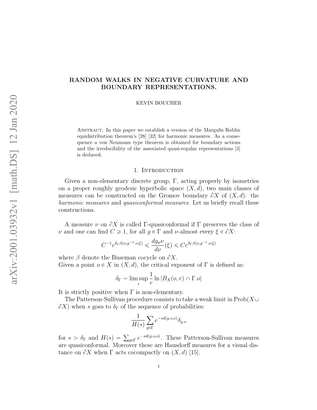 Random Walks in Negative Curvature and Boundary Representations