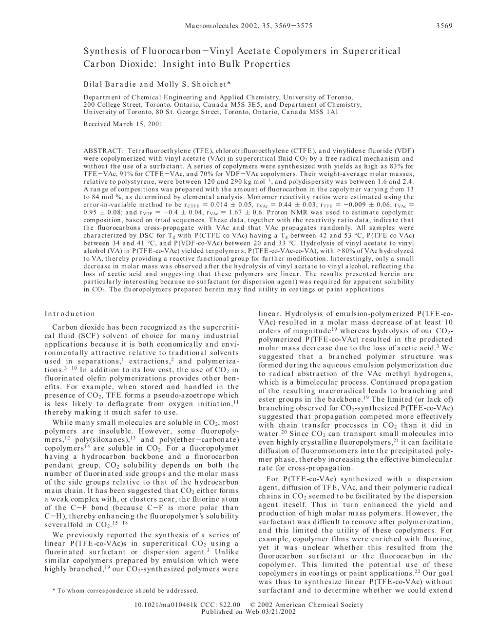 Synthesis of Fluorocarbon-Vinyl Acetate Copolymers in Supercritical Carbon Dioxide: Insight Into Bulk Properties