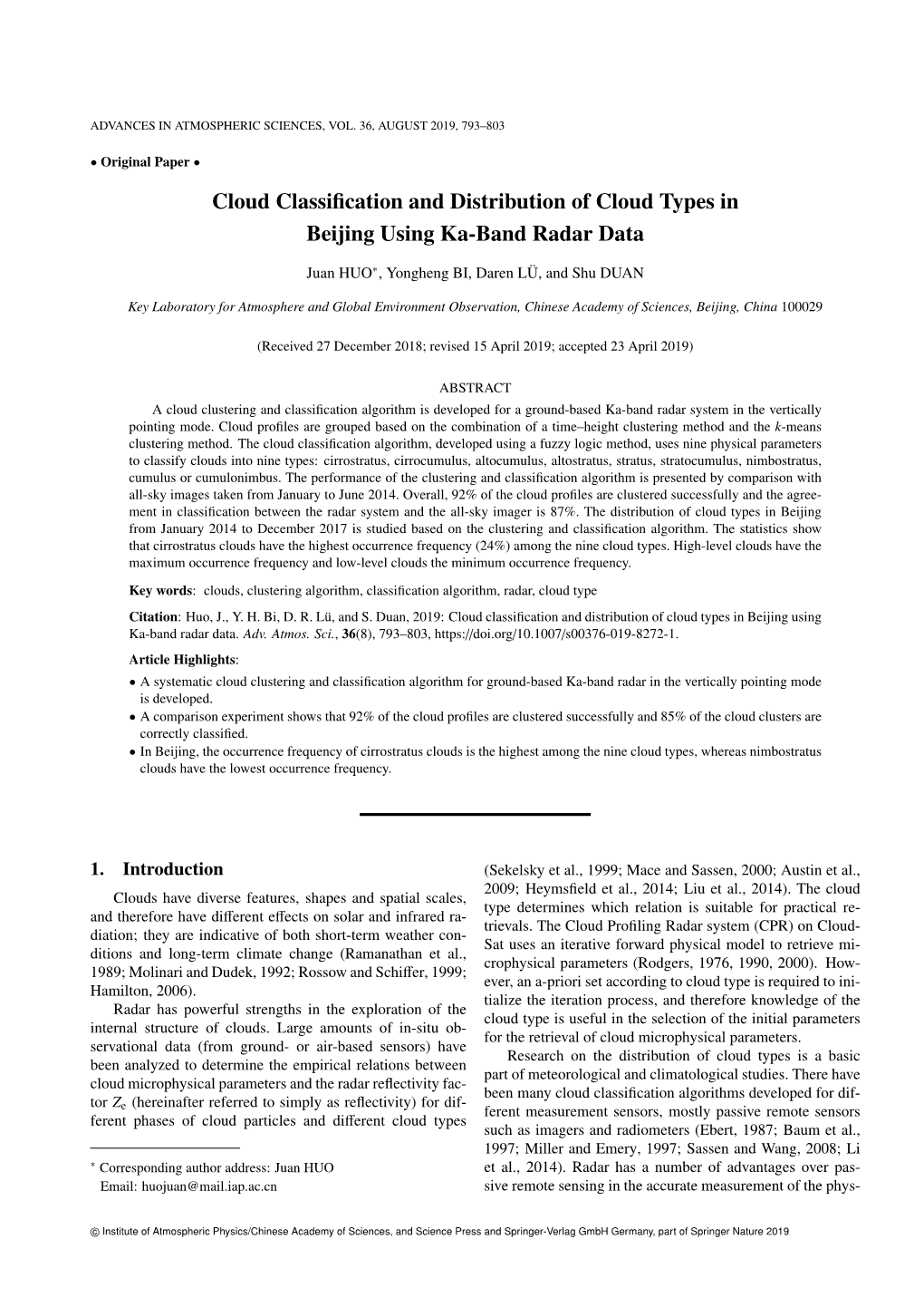 Cloud Classification and Distribution of Cloud Types in Beijing Using Ka