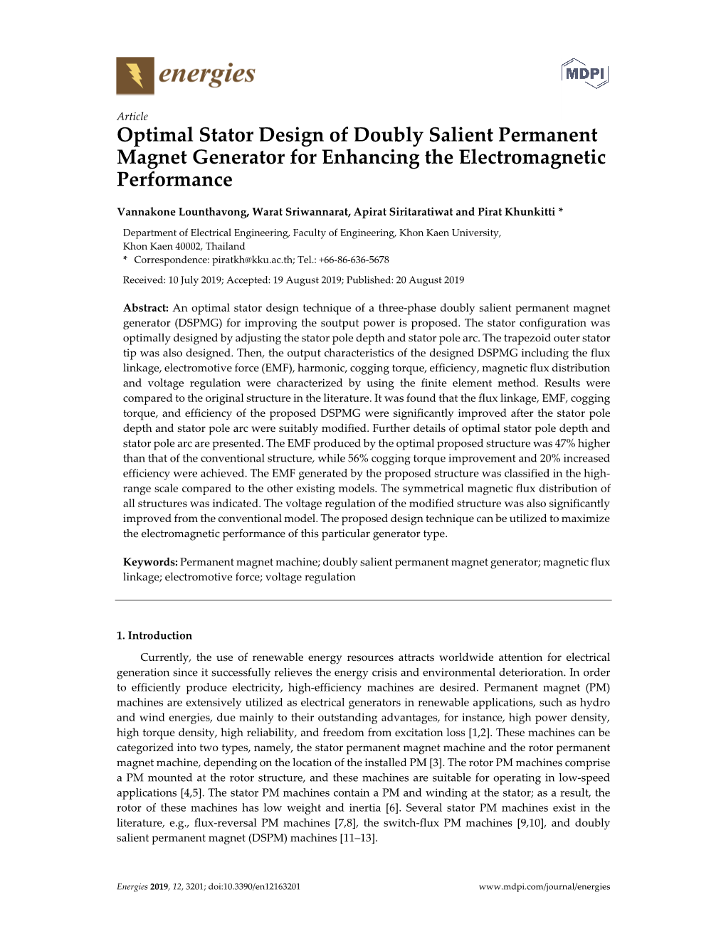 Optimal Stator Design of Doubly Salient Permanent Magnet Generator for Enhancing the Electromagnetic Performance