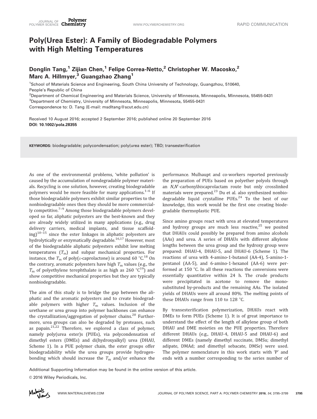 Poly(Urea Ester): a Family of Biodegradable Polymers with High Melting Temperatures