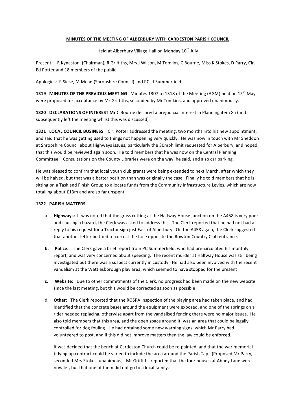 Minutes of the Meeting of Alberbury with Cardeston Parish Council