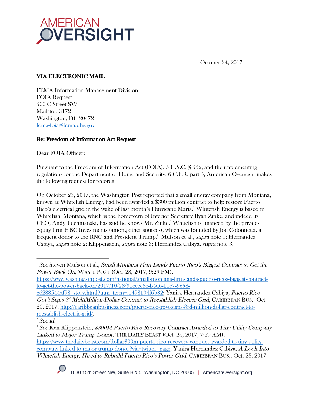 October 24, 2017 FEMA Information Management Division FOIA