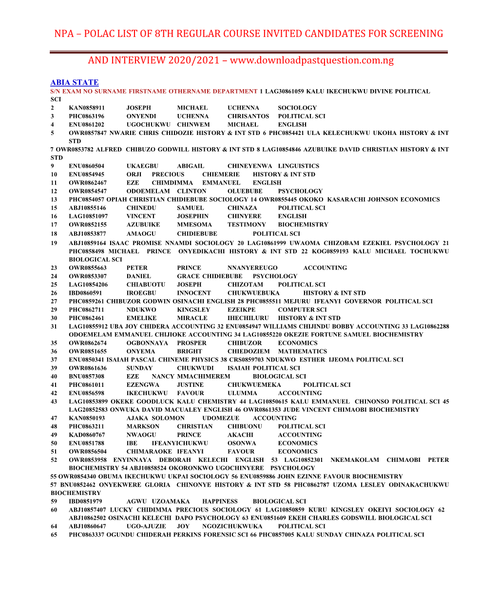 Npa – Polac List of 8Th Regular Course Invited Candidates for Screening