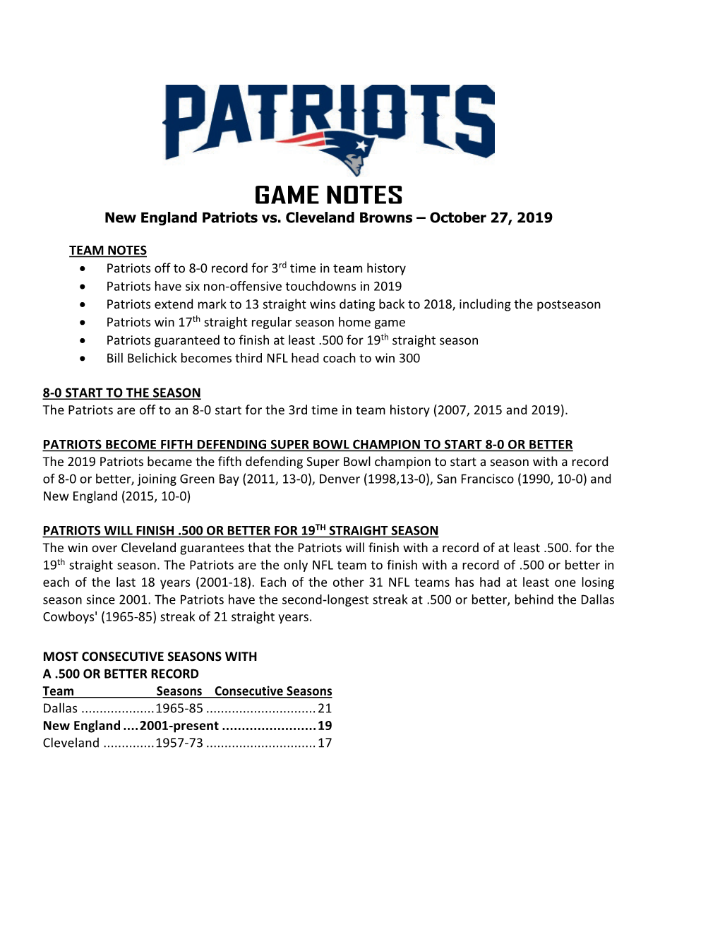 Patriots at Philadelphia Game Notes